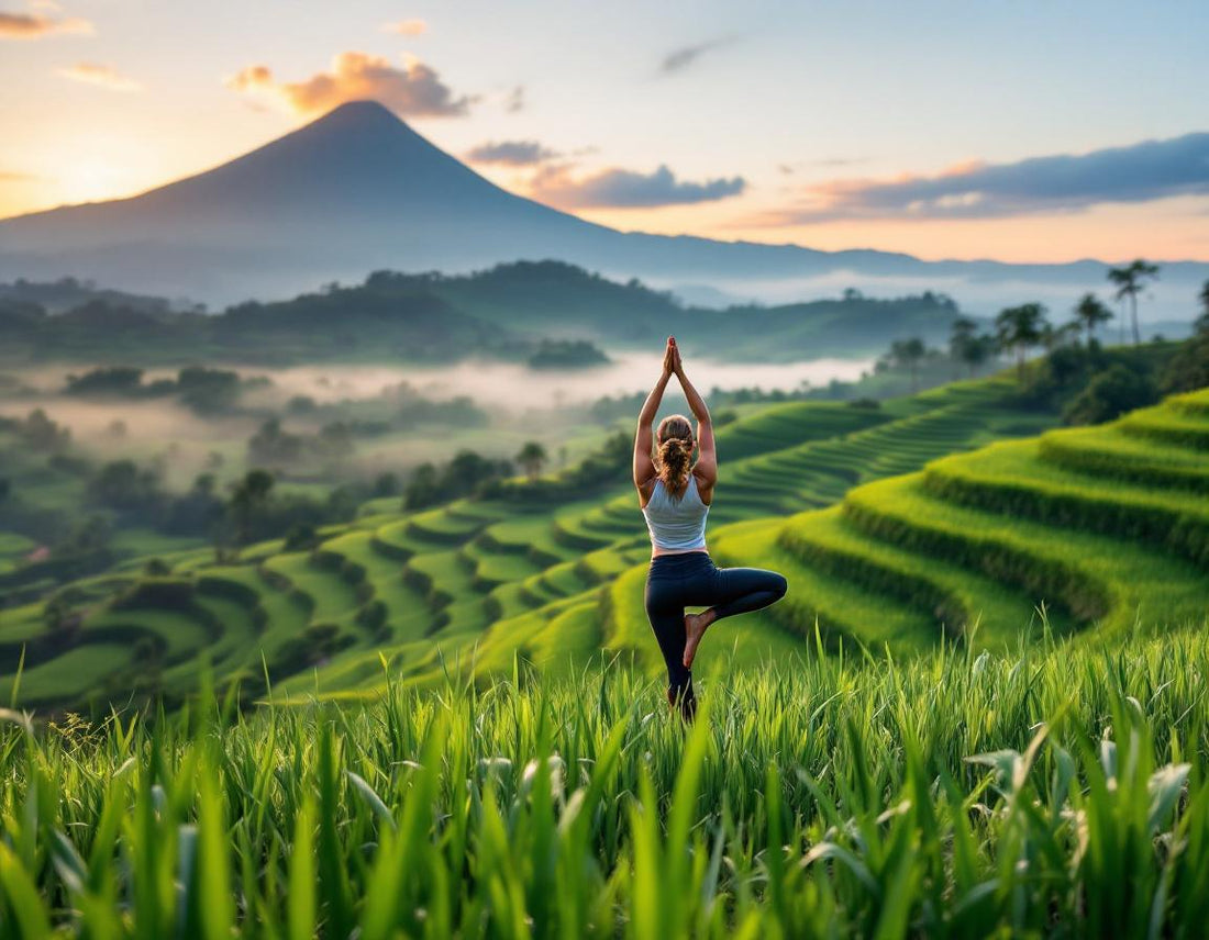Voyageur en yoga sur une terrasse de riz avec vue sur rizières verdoyantes, indonésie bali.