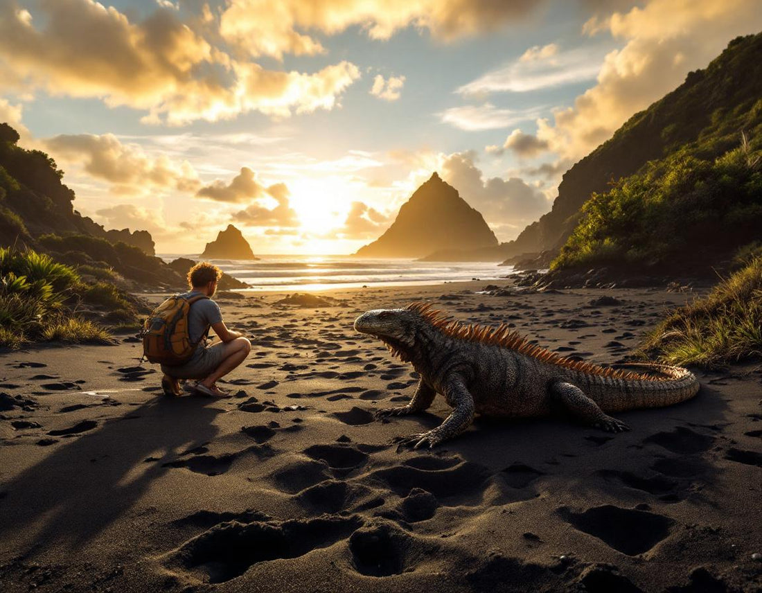 Un voyageur regarde un dragon de Komodo sur une plage déserte au ciel doré. dragons komodo island