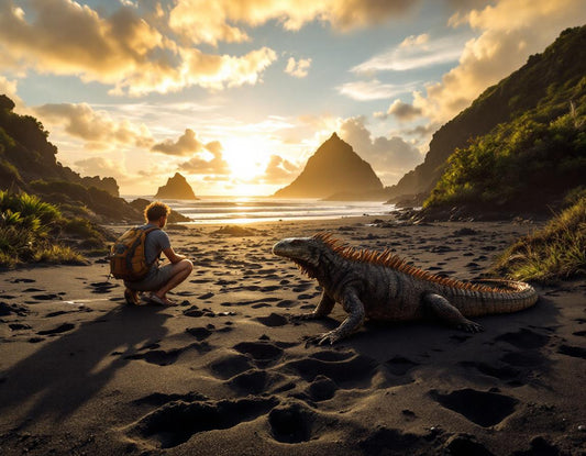 Un voyageur regarde un dragon de Komodo sur une plage déserte au ciel doré. dragons komodo island
