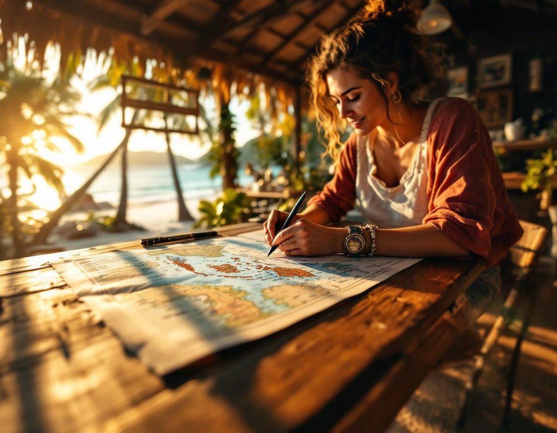 Femme explorant une carte indonésie étalée sur une table en bois rustique dans une hutte de plage.