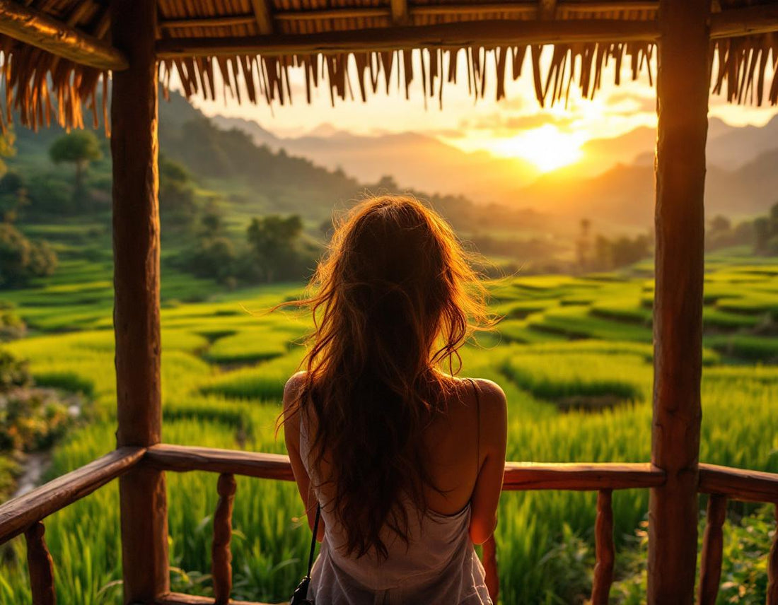 Voyageur admire rizières au lever du soleil, évoquant quand partir en indonésie pour aventure.