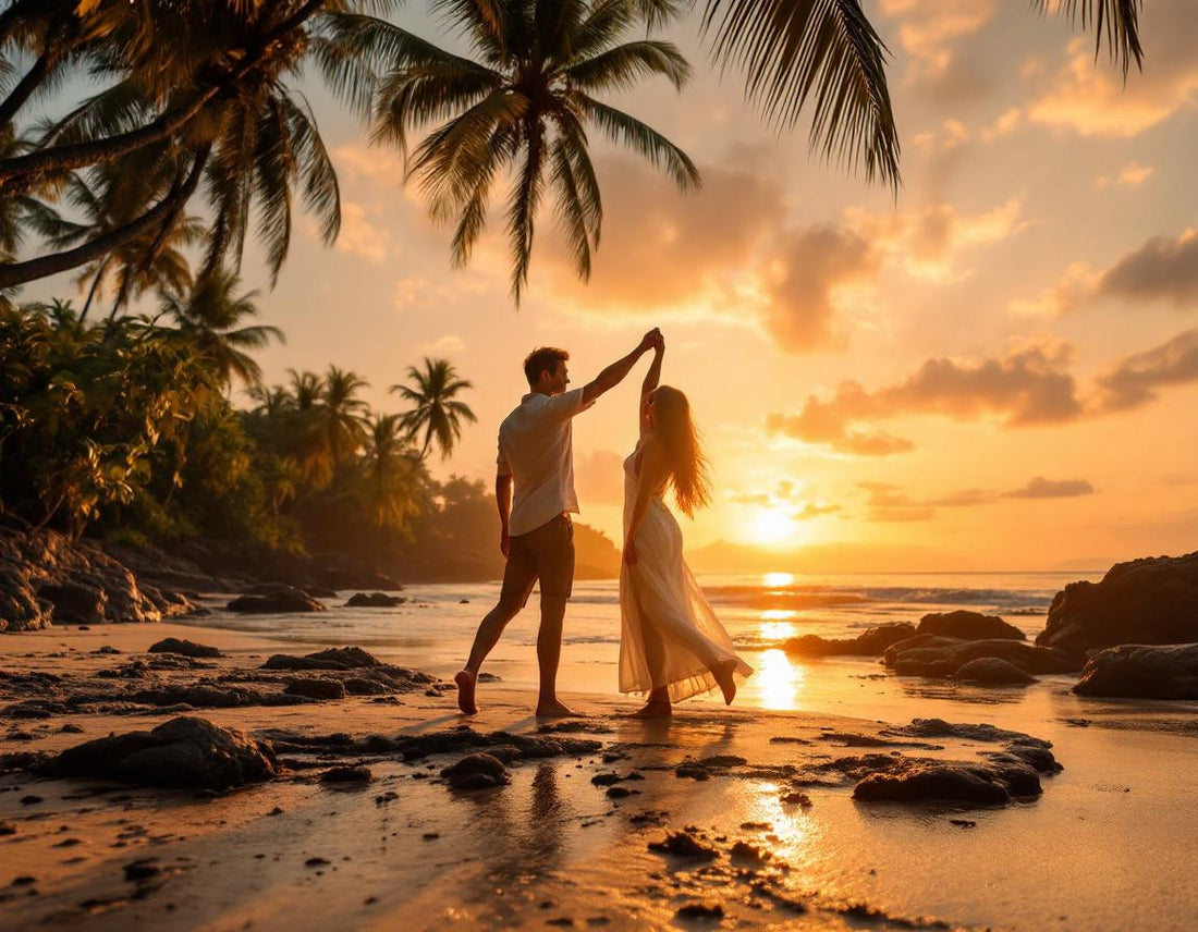 Couple dansant sur une plage au coucher du soleil, ambiance tendre pour un voyage de noce à bali.
