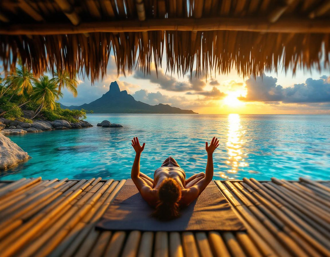 Yogi en terrasse de bambou au lever du jour, ambiance sereine, voyage bali prix attractif