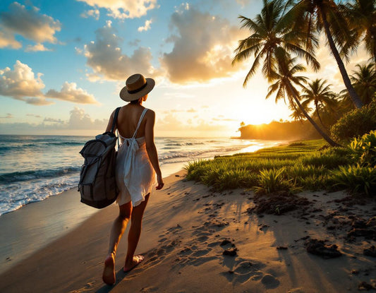 Voyageuse marchant pieds nus sur une plage de Bali, document d'assurance voyage bali à la main.