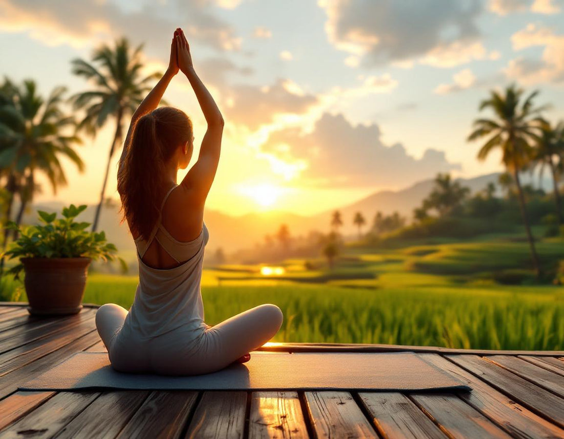Femme pratiquant le yoga au lever du soleil sur une terrasse face aux rizières, bali vacances
