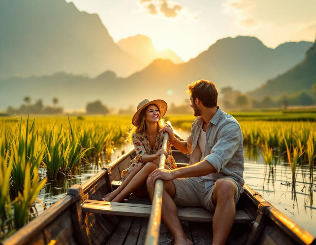 Pirogue sur rizières au coucher du soleil, moment unique & convivial en voyage organisé à bali.