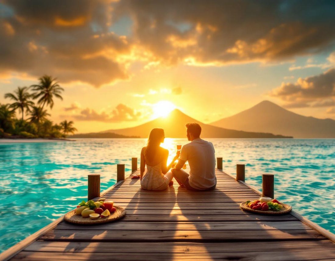 Couple savoure petit-déjeuner au bord de l’eau turquoise, palmiers, voyage de noce bali rêvé.