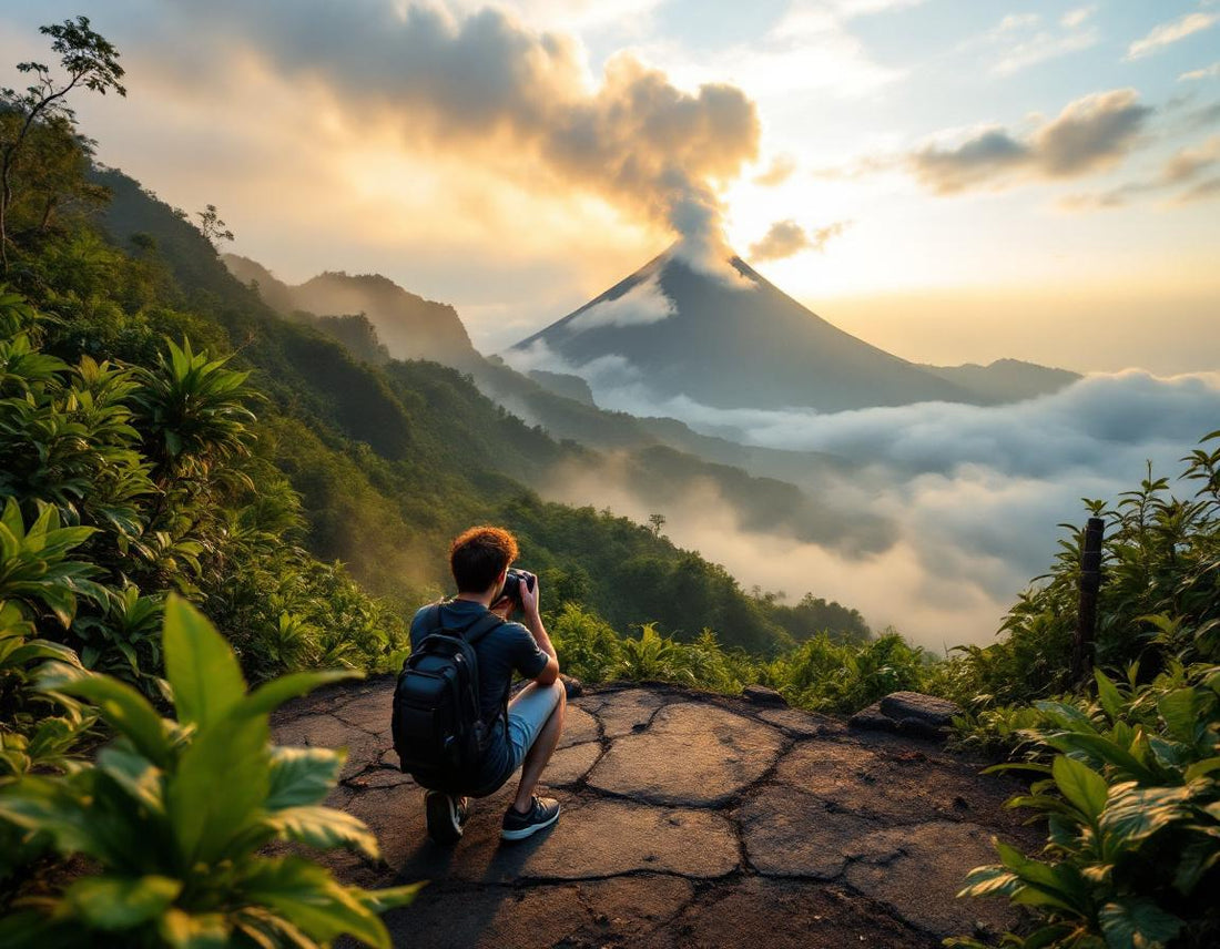 Photographe accroupi sur une plateforme face à un indonesie volcan brumeux au lever du jour