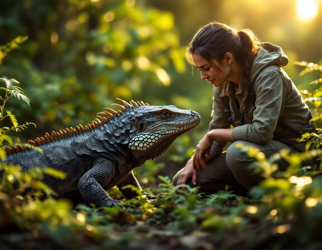 A conservationniste admire un komodo dragon komodo island, ambiance dorée et végétation luxuriante.