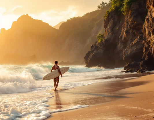 Surfeur au couchant sur la plage uluwatu, falaises et vagues douces offrent un moment de calme.