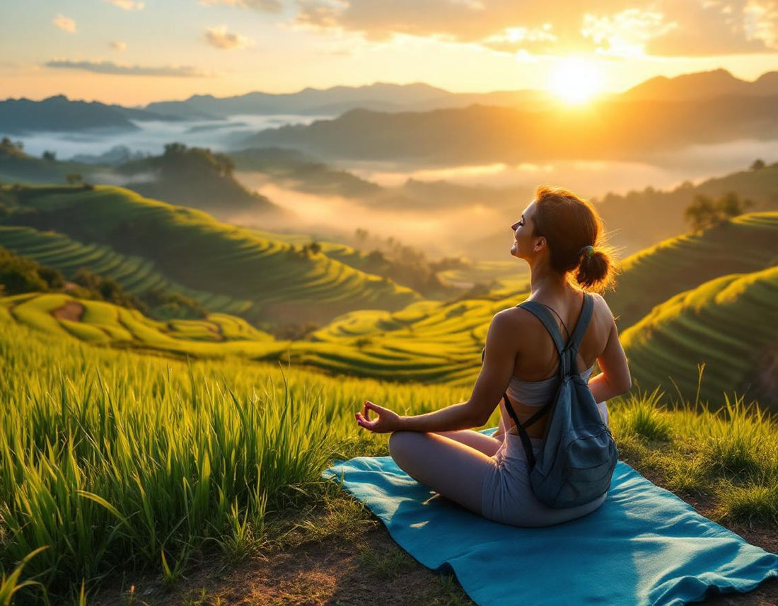 Jeune femme pratiquant le yoga au lever du soleil dans les rizières en terrasse, voyage a bali