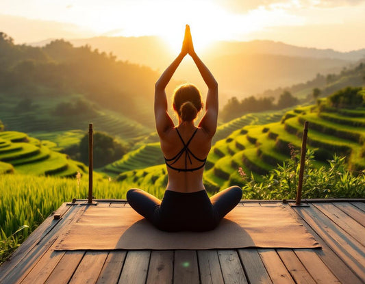 Jeune voyageur en yoga sur terrasse en bois face aux rizières et coucher de soleil à Bali Indonésie.
