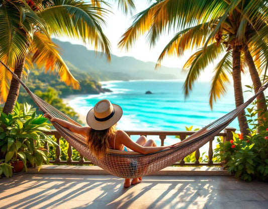 Dans un hamac face à l’océan turquoise au lever du jour, ambiance balie voyage relaxante