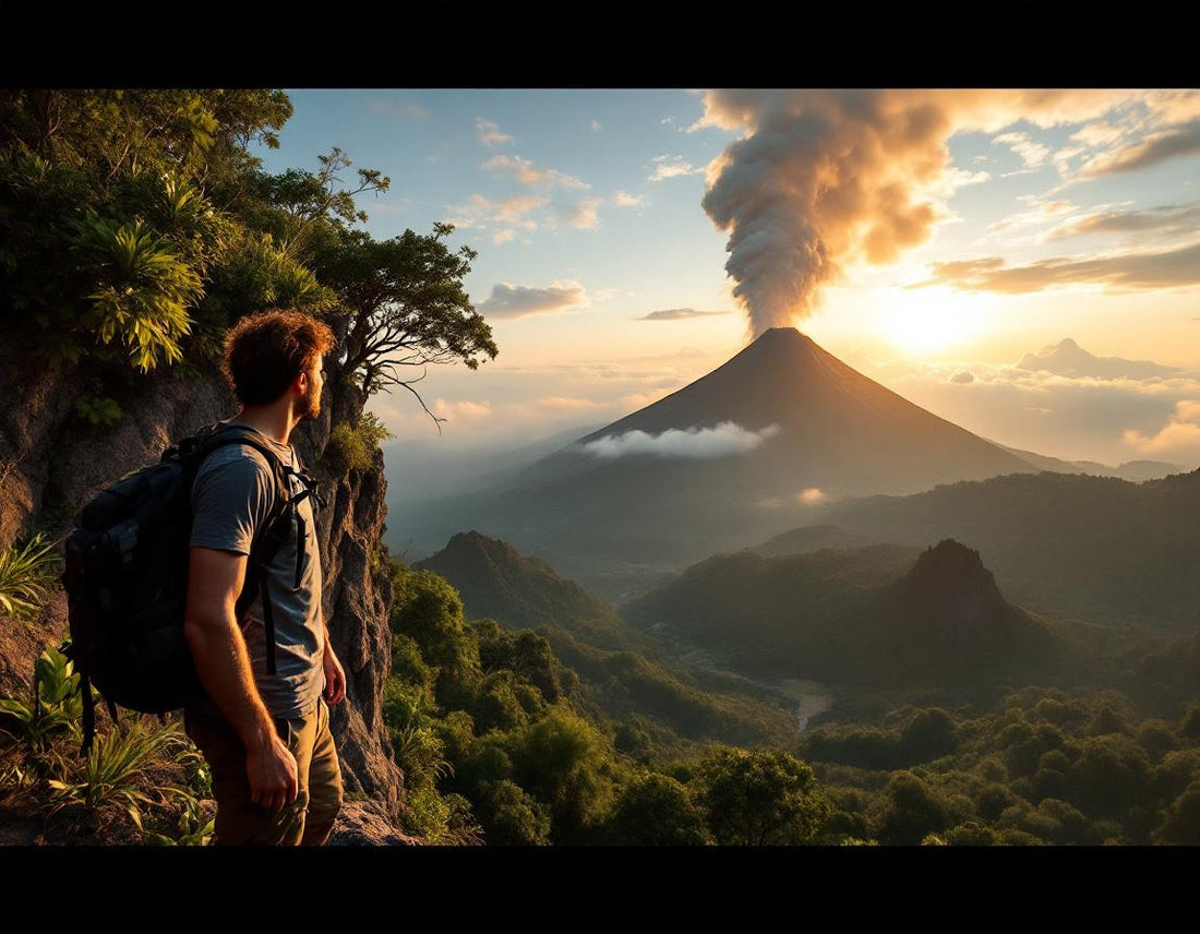 Voyageur contemple lever du soleil près d’un volcan fumant en indonésie volcan, jungle verdoyante.