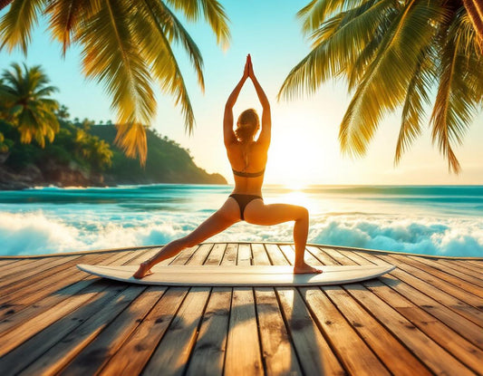 Yogi sur terrasse bois face à l’océan au coucher du soleil, ambiance vacances bali paisibles.