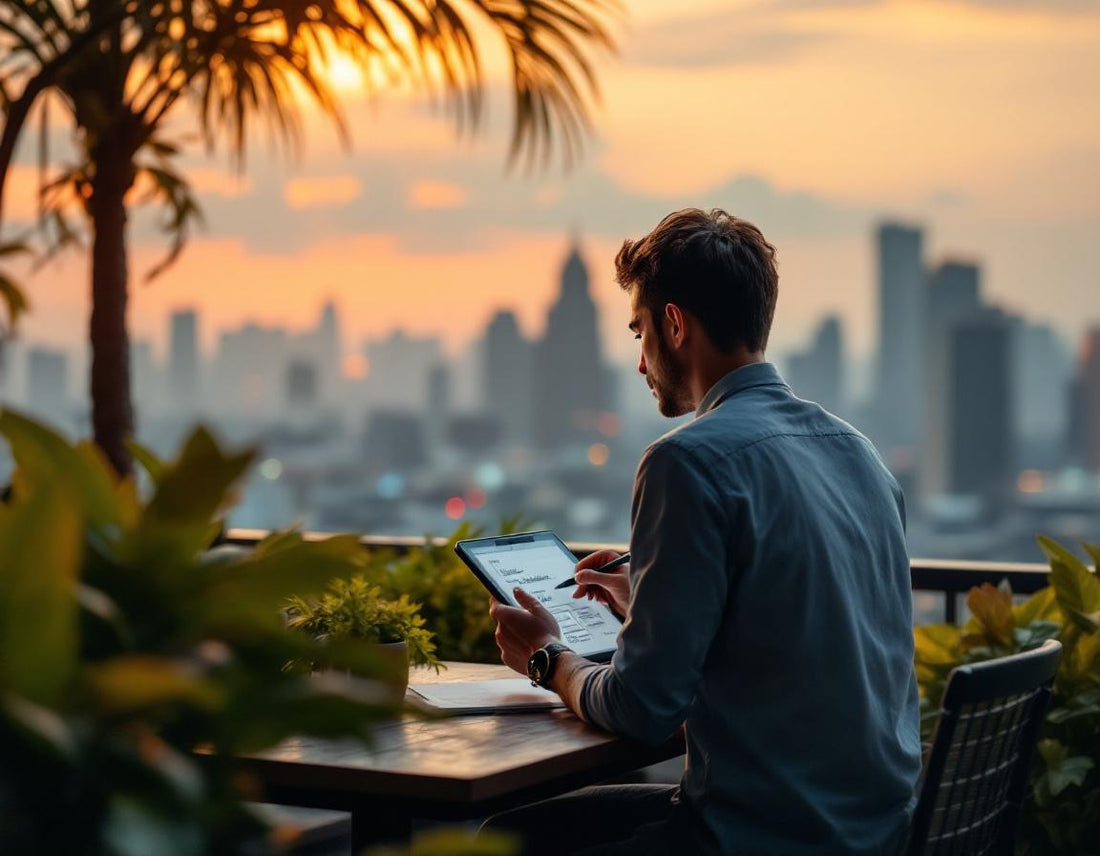 Créatrice au café en hauteur, tablette à la main, vue de Jakarta, indonésie capitale pleine de vie