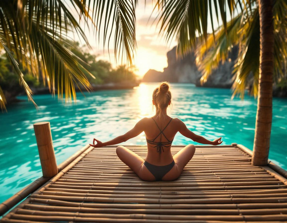 Jeune yogi sur plateforme en bambou au-dessus d’un lagon turquoise, instants de paix. bali voyage