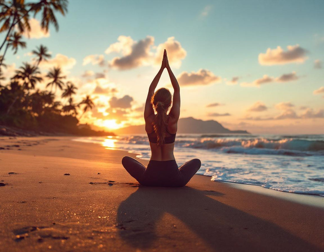 Femme en yoga au lever du soleil sur la plage de lovina bali, entourée de palmiers et vagues.