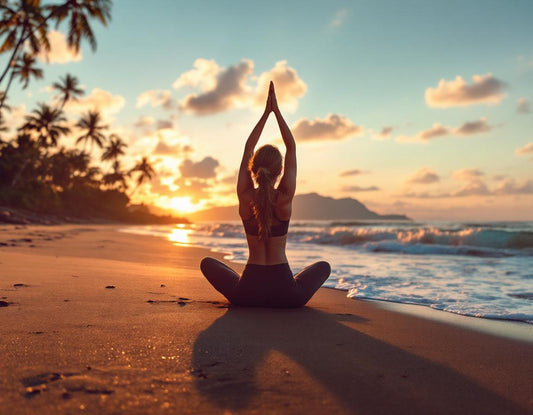Femme en yoga au lever du soleil sur la plage de lovina bali, entourée de palmiers et vagues.