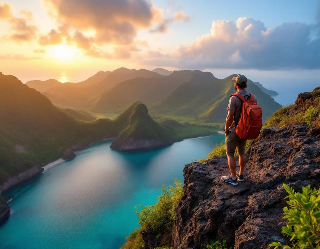 Voyageur admire un lagon turquoise au lever du soleil, fleurs sauvages alentour, flores indonesie.