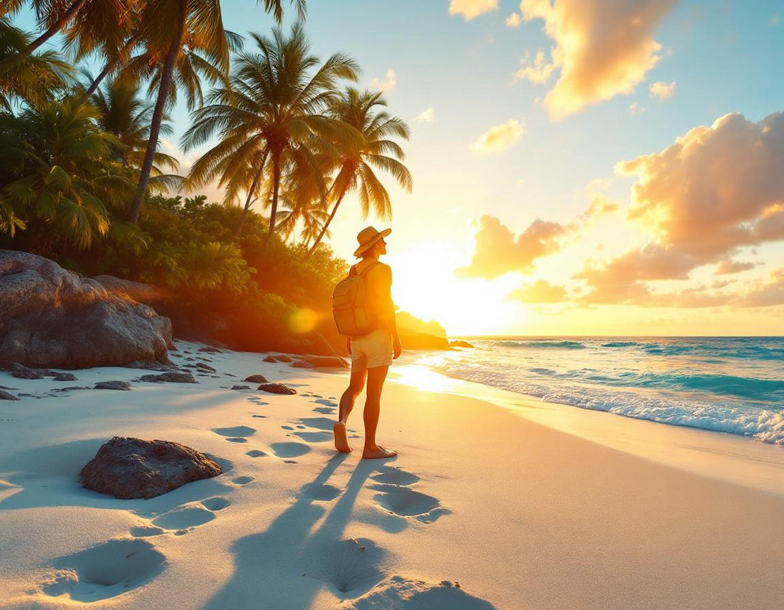 Sur diamond beach nusa penida, un voyageur marche sur le sable blanc baigné de lumière dorée.