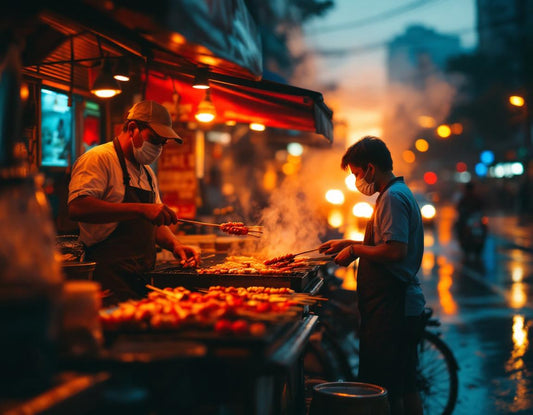 Jeune vendeur de satay sous néons à Jakarta, capitale indonesie, évoquant la vie urbaine animée.