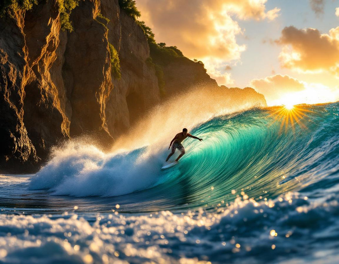 Surfeur filant sur une vague d’Uluwatu surf, eau turquoise et ciel doré, falaises abruptes en fond.