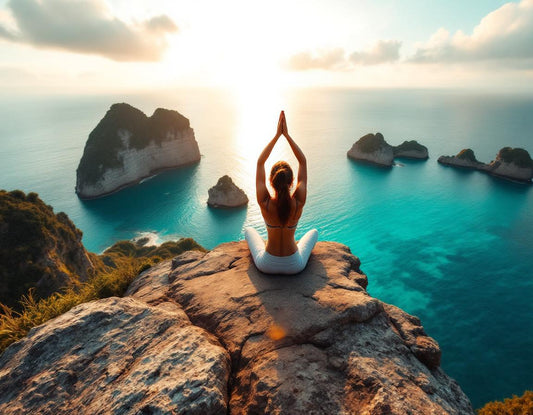 Femme en yoga sur falaise à nusa penida à l'aube, face à l'océan turquoise sous une lumière douce.